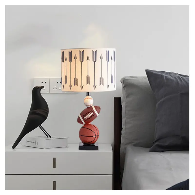 Contemporary Creative Kids Football Basketball Baseball Base Resin Fabric 1-Light Table Lamp For Bedroom