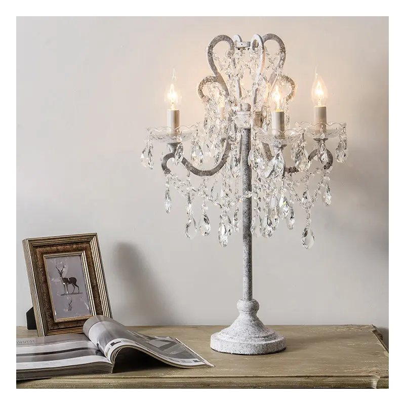 Traditional Vintage Iron Glass Crystal Pendant Candlestick 4-Light Table Lamp For Bedroom