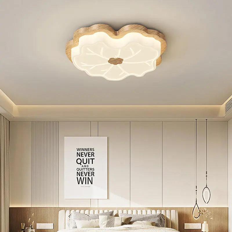 Contemporary Creative Lotus Leaf Rubberwood Base PE Shade LED Flush Mount Ceiling Light For Bedroom