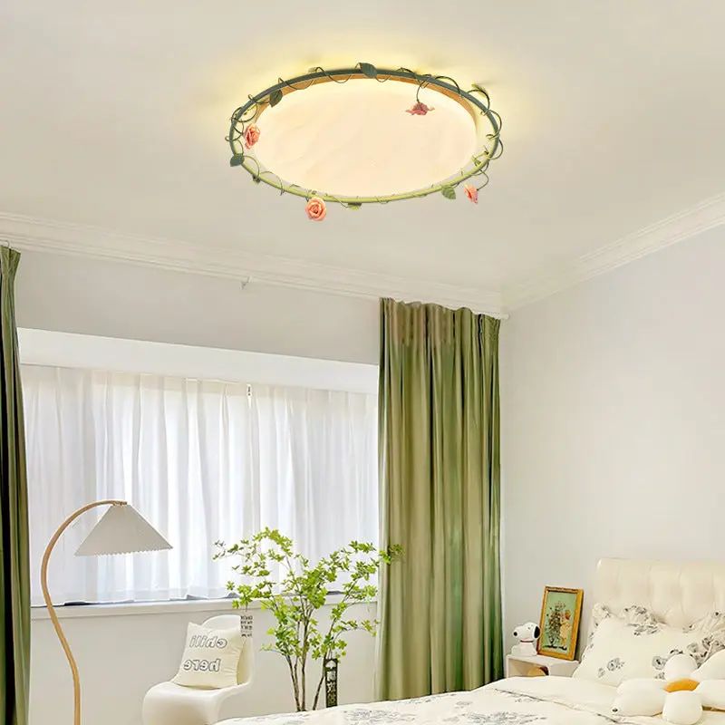 Contemporary Creative Round Rose Vine Rubberwood Base Iron Acrylic Ceramic LED Flush Mount Ceiling Light For Living Room