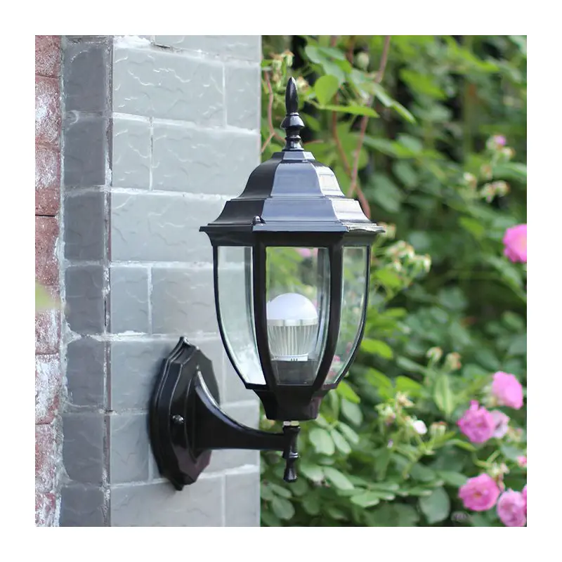 Traditional Vintage Waterproof Tower Striped Hexagonal Aluminum Glass 1-Light Wall Sconce Lamp For Garden