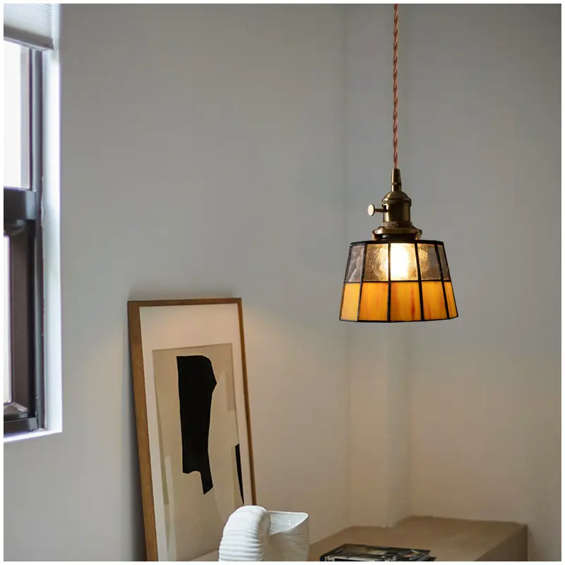 Traditional Vintage Round Square Glass Shade Copper 1-Light Pendant Light For Living Room