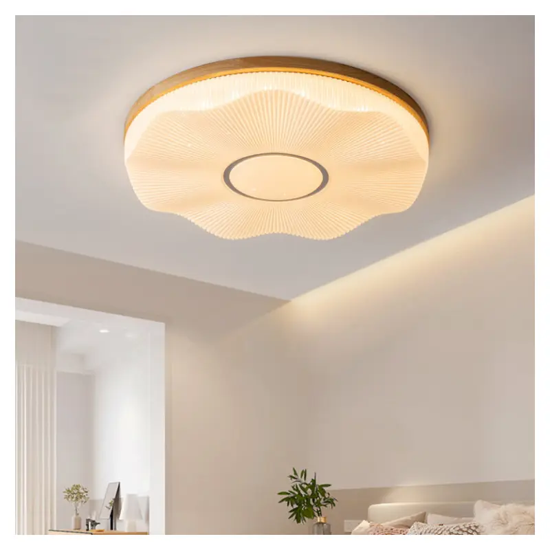 Traditional Japanese Round Flower Wood Acrylic LED Flush Mount Ceiling Light For Living Room
