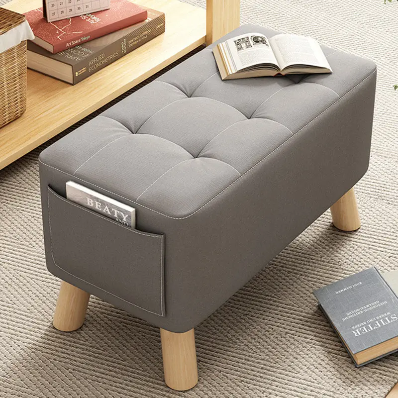 Modern Minimalist Linen Oil-WaxedLeather Solid Wood Rectangle LowStool Backless Armless For Living Room