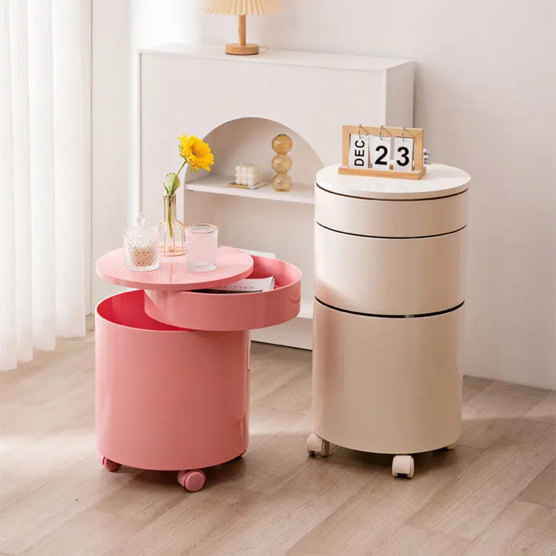 Modern Minimalist Rotatable Round ABS Steel Plate Movable End Table 2/3-Cabinet For Living Room