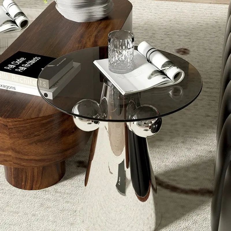 Modern Minimalist Round Tempered Glass Stainless Steel End Table Non-Slip Base For Living Room