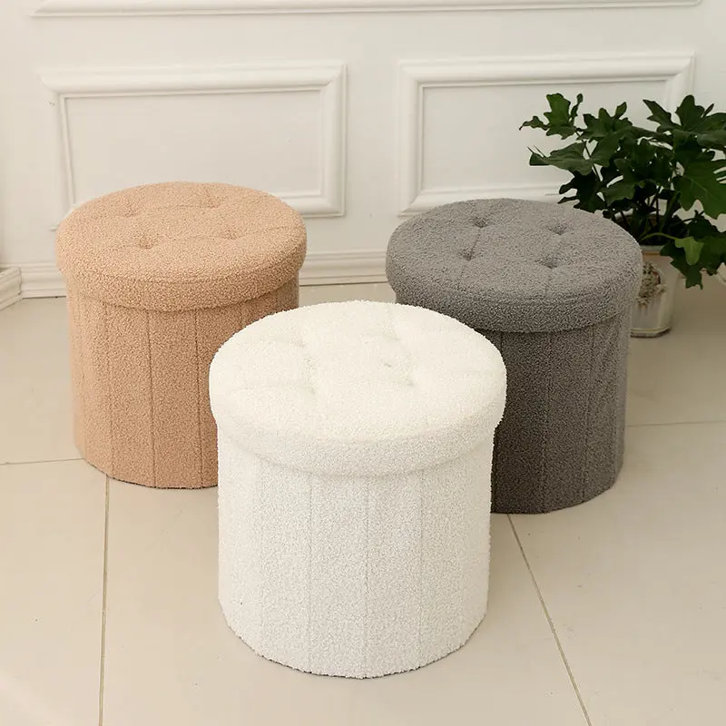 Modern Minimalist Linen Teddy Fleece Textured Cylindrical Low Stool Storage For Living Room