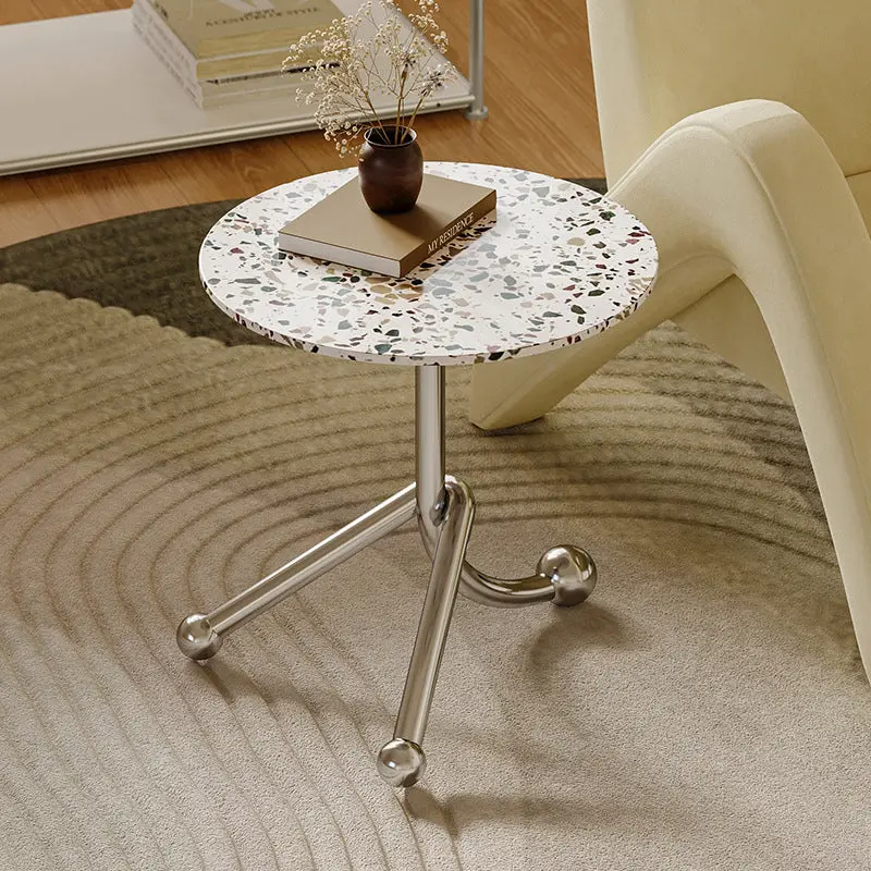 Traditional French Terrazzo Stainless Steel Round Curved End Table 1-Tier For Living Room