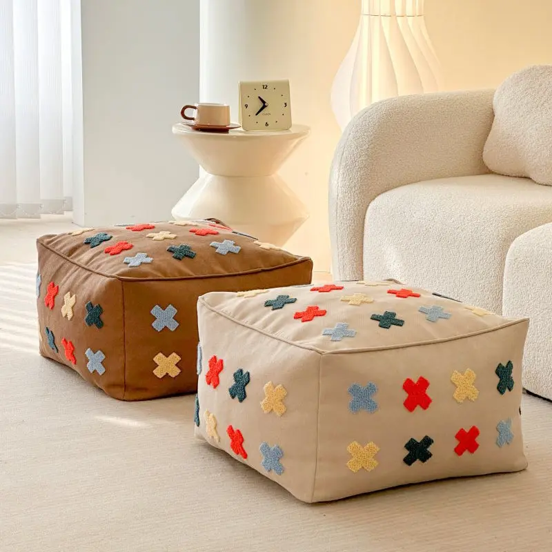 Contemporary Boho Square Polyester EPS Colorful Geometric Low Stool For Living Room