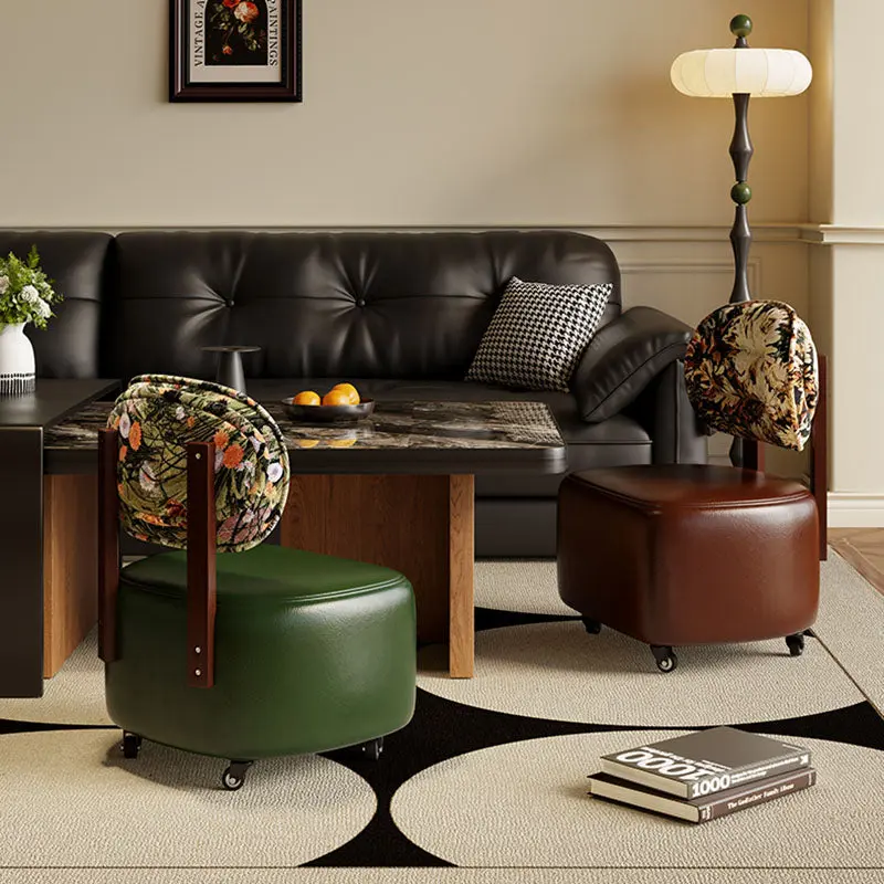 Modern Minimalist Rectangular Oil-Waxed Leather Solid Wood Sponge Low Stool Movable Backrest For Living Room