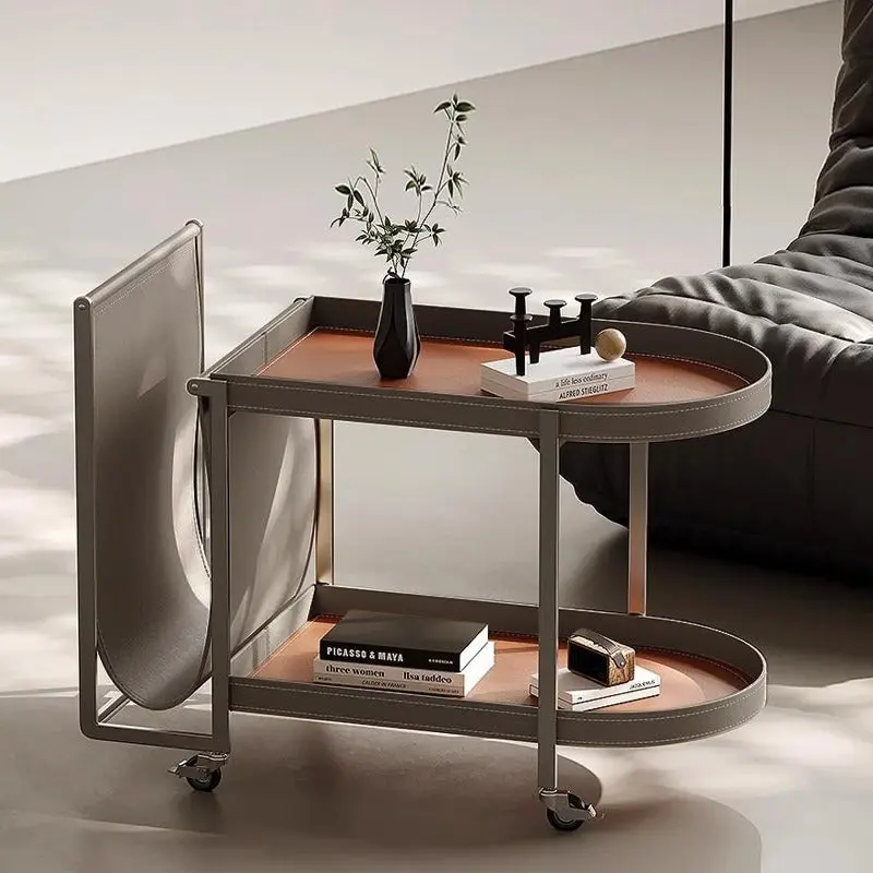 Modern Minimalist Rounded Rectangular Saddle Leather Carbon Steel End Table 2-Tier 4-Leg Movable For Living Room