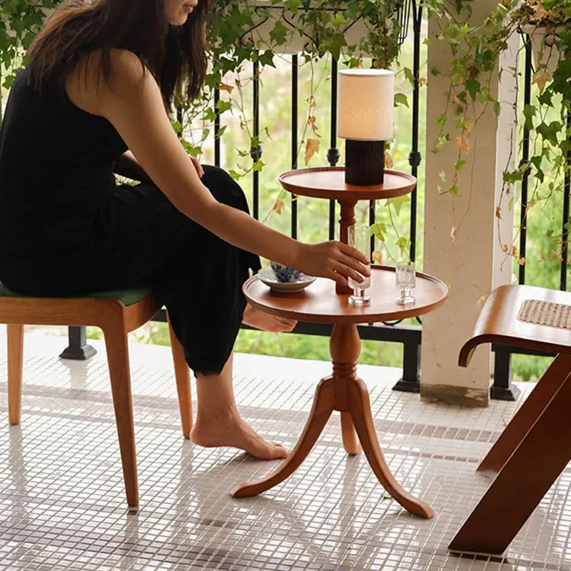 Traditional Vintage Round Solid Wood End Table 2-Tier 3-Leg For Living Room