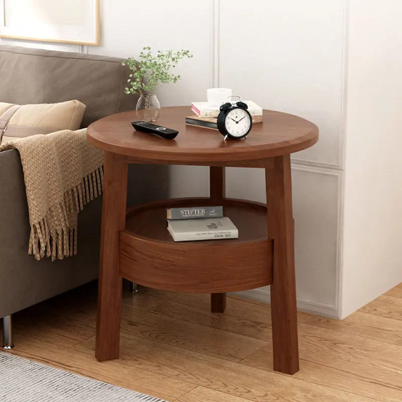 Modern Minimalist Round Rubberwood Side Table 1-Drawer For Living Room