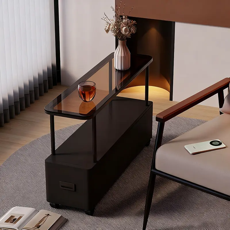 Modern Minimalist Ultra-Narrow Rectangular Tempered Glass Metal Movable End Table 1-Drawer For Bedroom