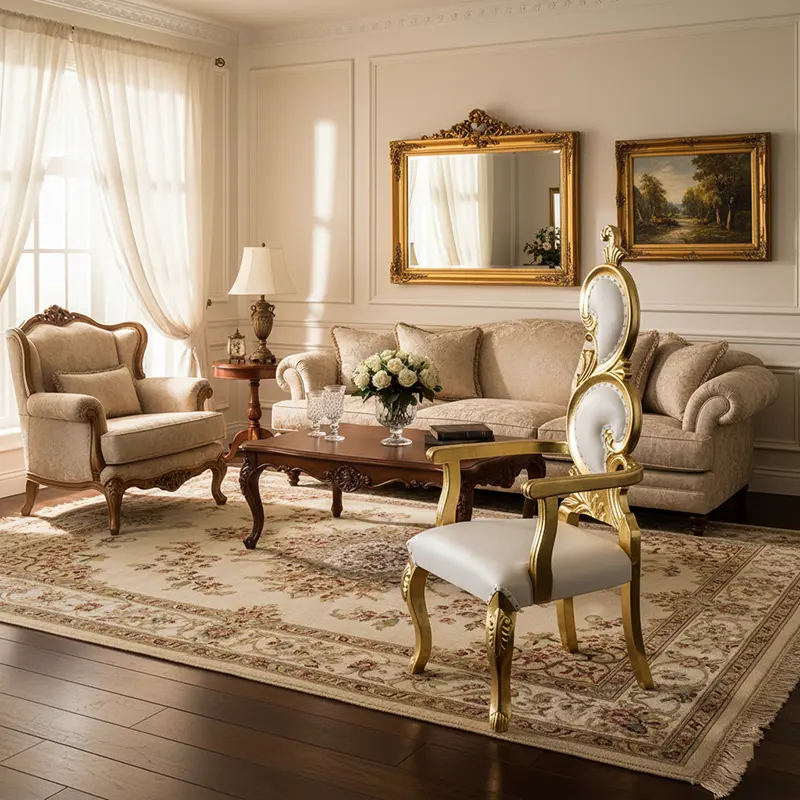 Traditional French Rectangular Petal-Shaped PU Leather Solid Wood Accent Chair Backrest Armrest For Living Room