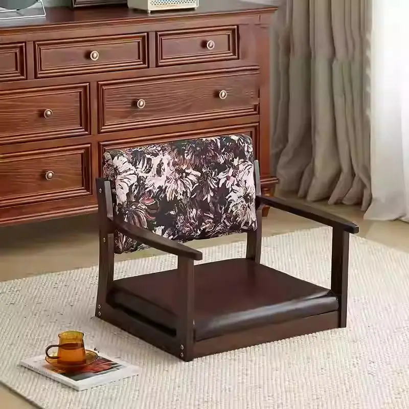 Traditional Vintage Rectangle Oil Wax Leather Solid Wood LowStool Backrests Armrests For Living Room