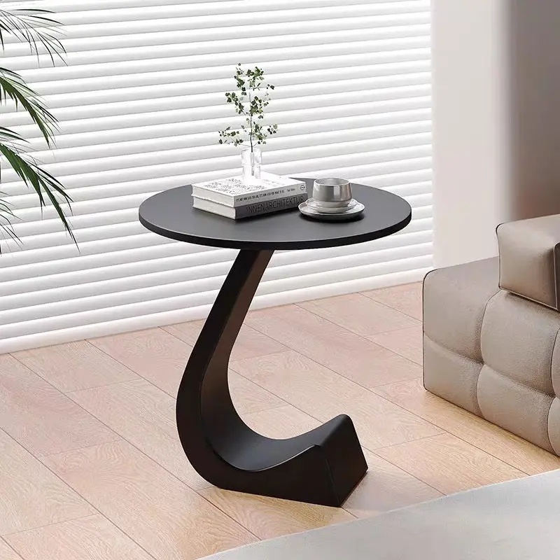 Modern Minimalist Round Rock Slab Carbon Steel End Table 1-Tier For Living Room