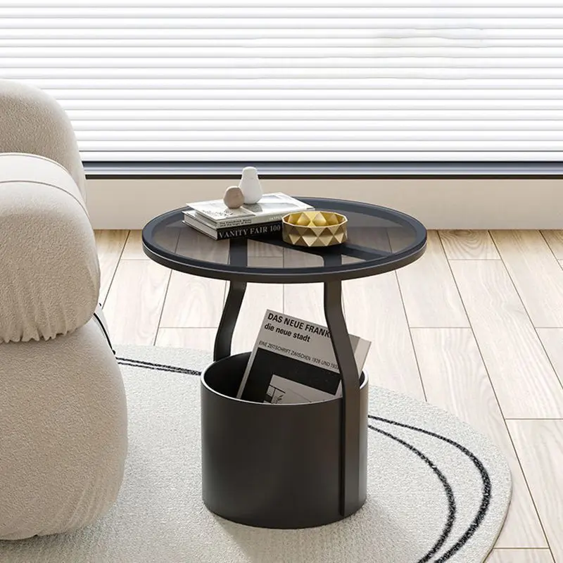 Modern Minimalist Round Rock Slab Glass Iron End Table 1-Basket For Living Room