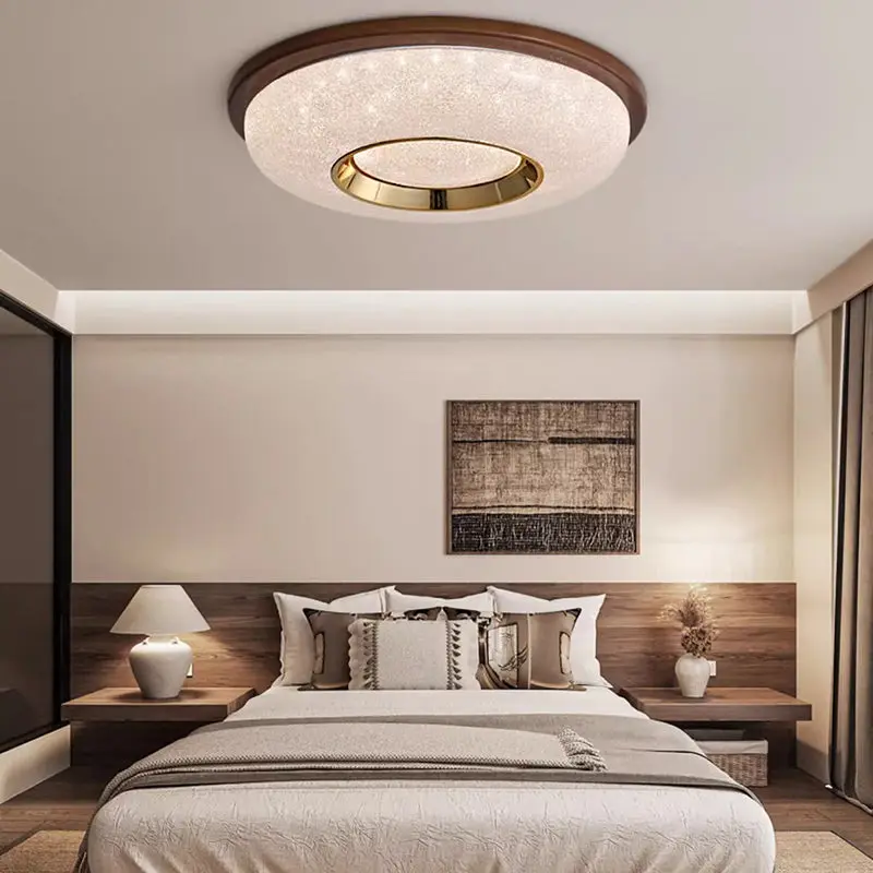 Traditional Vintage Hollowed-Out Round Rubberwood Acrylic LED Flush Mount Ceiling Light For Bedroom