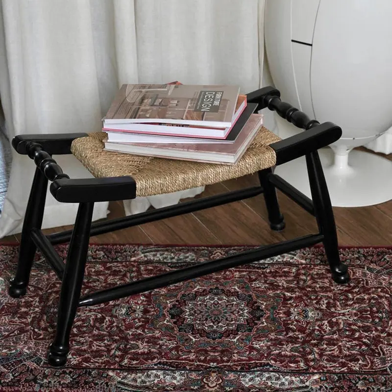 Traditional Rustic Rectangular Rubberwood Hemp Rope Low Stool Backless Armless For Entryway