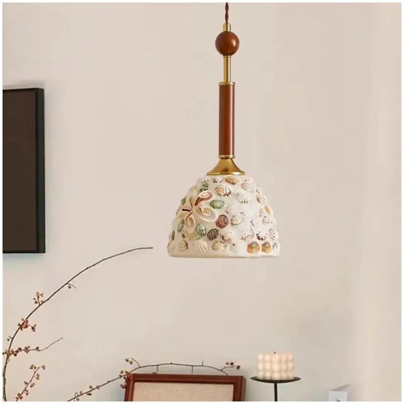 Traditional Vintage Oval Glass Iron Solid Wood 1-Light Pendant Light For Bedroom