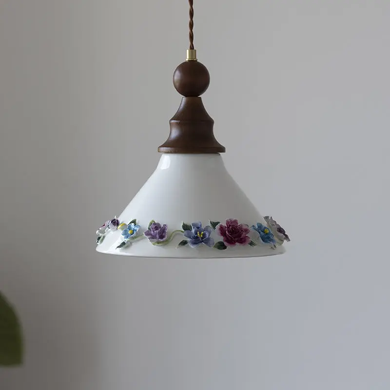 Traditional Vintage Triangle Solid Wood Ceramic Brass 1-Light Pendant Light For Bedroom