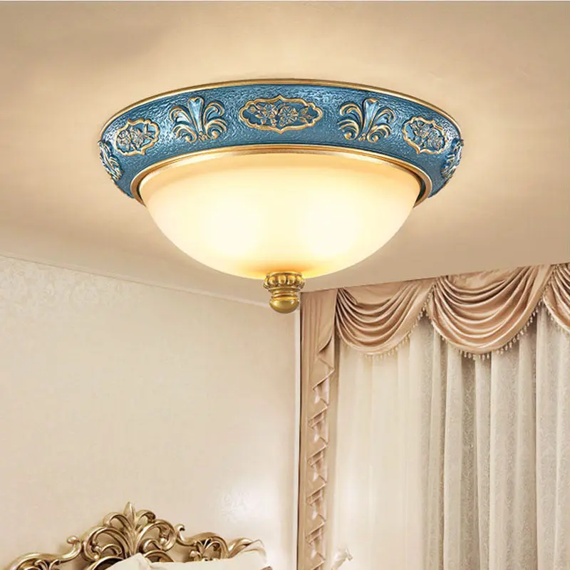 Traditional European Resin Iron Glass Round Dome Carved Pattern 4-Light Flush Mount Ceiling Light For Bedroom