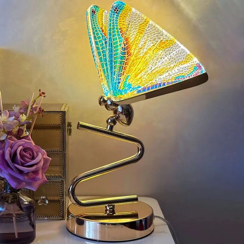 Contemporary Creative Colorful Butterfly Zinc Alloy Iron Acrylic LED Table Lamp For Bedroom