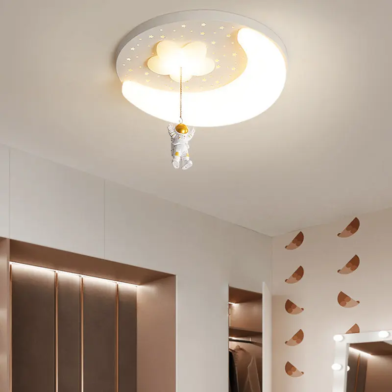Contemporary Creative Kids Astronaut Round Iron Aluminum Acrylic LED Flush Mount Ceiling Light For Bedroom