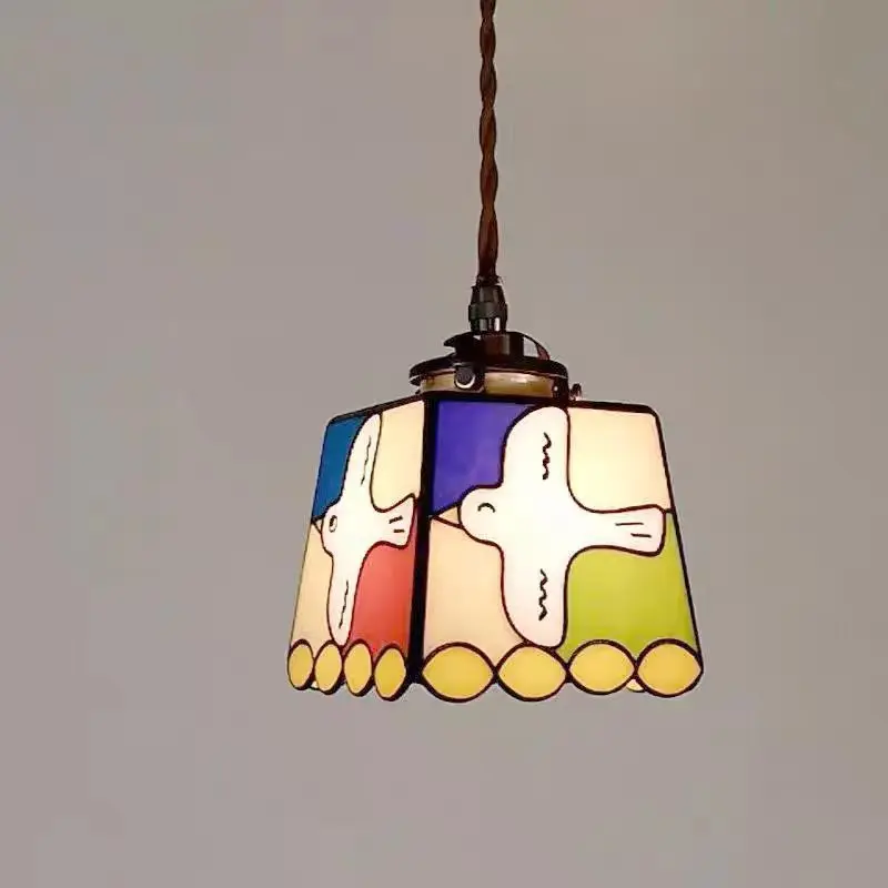 Traditional Vintage Prismatic Dove Square Copper Glass 1-Light Pendant Light For Living Room