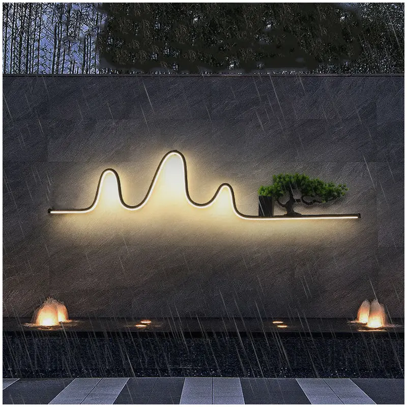 Contemporary Creative Aluminum Arc Linear PVC Simulated Pine Wood LED Waterproof Outdoor Wall Sconce Lamp For Garden
