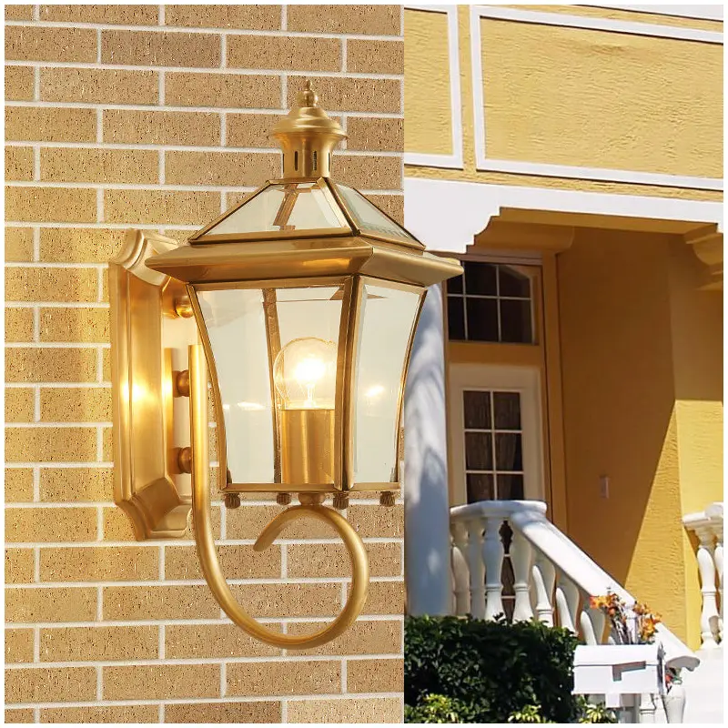 Traditional European Quadrangle Candle Holder Copper Frame Glass Shade 1-Light Wall Sconce Lamp For Garden