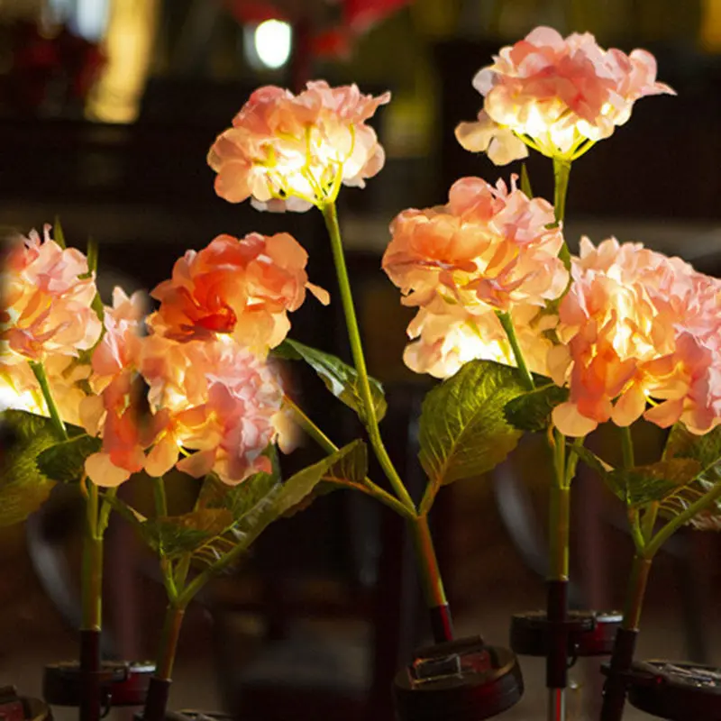 Contemporary Scandinavian Solar Waterproof Romantic Faux Hydrangea Stainless Steel Fabric LED Ground Plug Outdoor Light For Garden