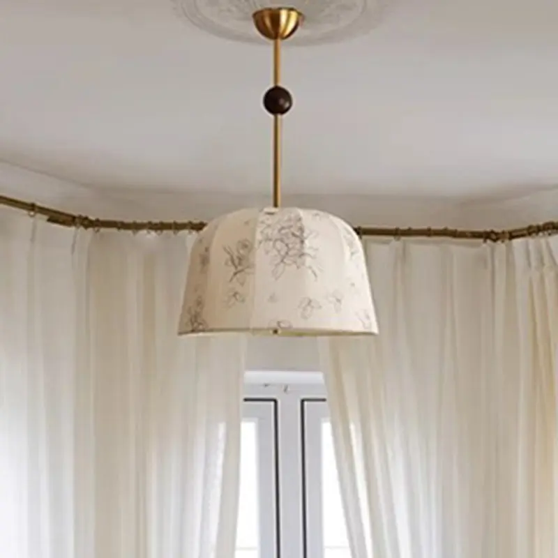 Traditional Vintage Romantic Floral Textured Striped Round Iron Wood Fabric 3/5 Light Chandelier For Living Room