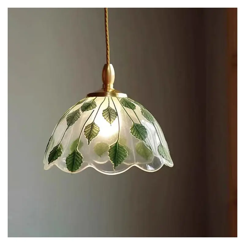 Traditional Vintage Round Leaf Copper Glass 1-Light Pendant Light For Living Room