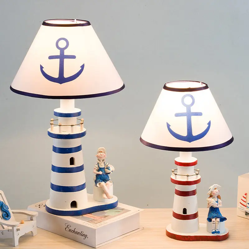 Contemporary Coastal Wood Fabric Kids Conic Lighthouse 1-Light Table Lamp For Bedroom