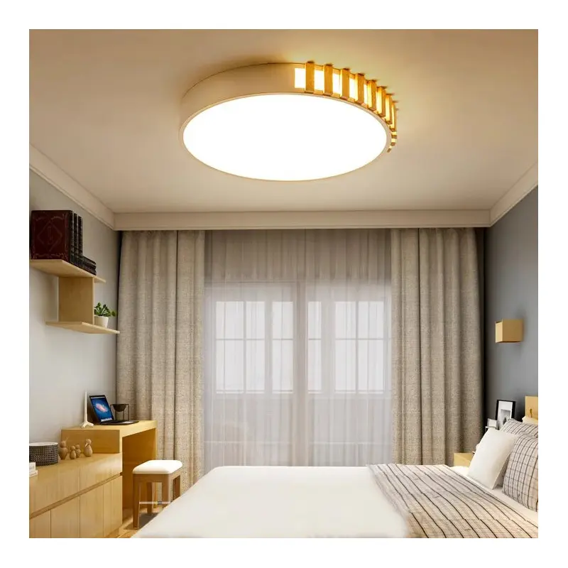 Traditional Japanese Metal Wood Acrylic Rectangular Square Round LED Flush Mount Ceiling Light For Bedroom