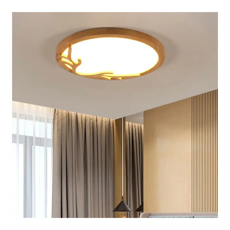 Traditional Rustic Metal Rubber Wood Acrylic Round Deer Horn LED Flush Mount Ceiling Light For Bedroom