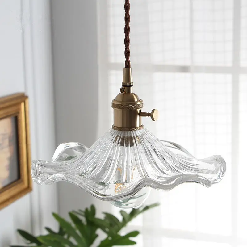 Traditional Vintage Flower Round Glass Brass 1-Light Pendant Light For Living Room