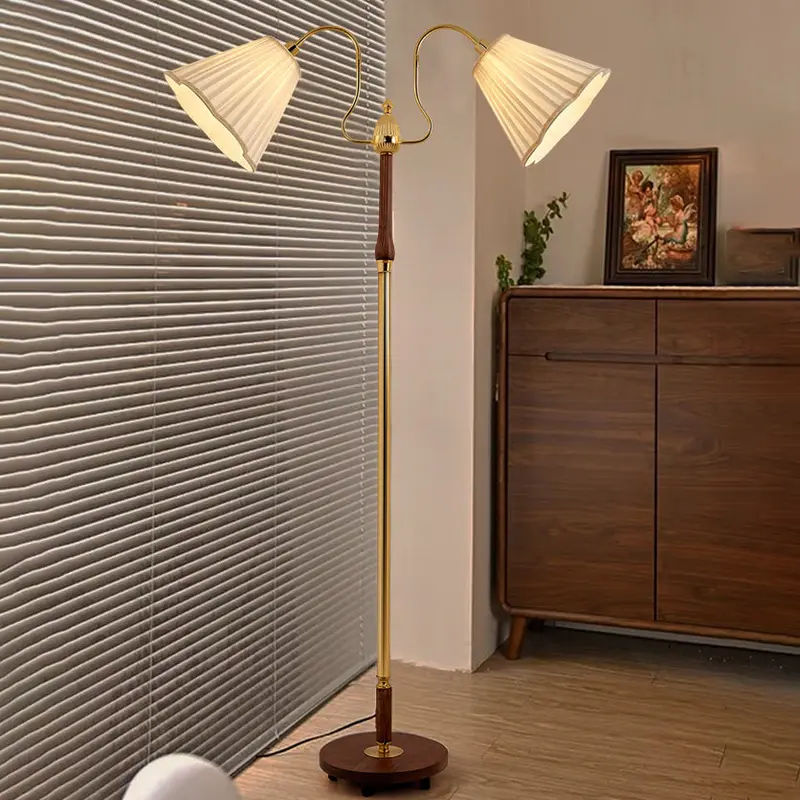 Traditional Vintage Cylinder Lace Pleated Fabric Shade Iron Wood Frame 2-Light Standing Floor Lamp For Living Room