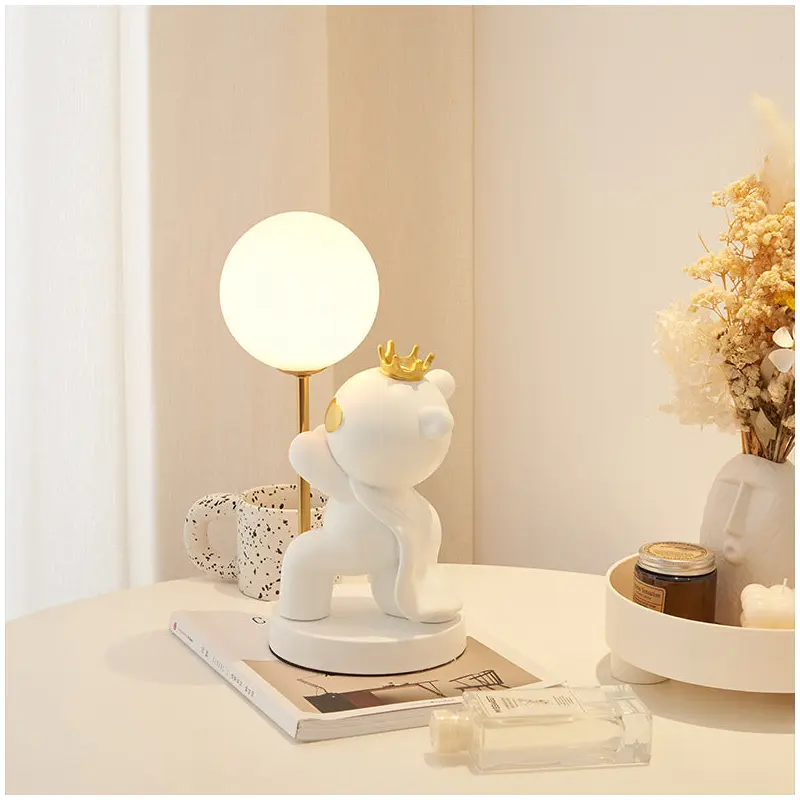Contemporary Creative Cartoon Cute Crown Bear Round Resin Glass 1-Light Table Lamp For Bedroom