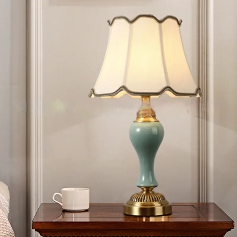 Traditional Vintage Drum Copper Ceramic Fabric 1-Light Table Lamp For Living Room