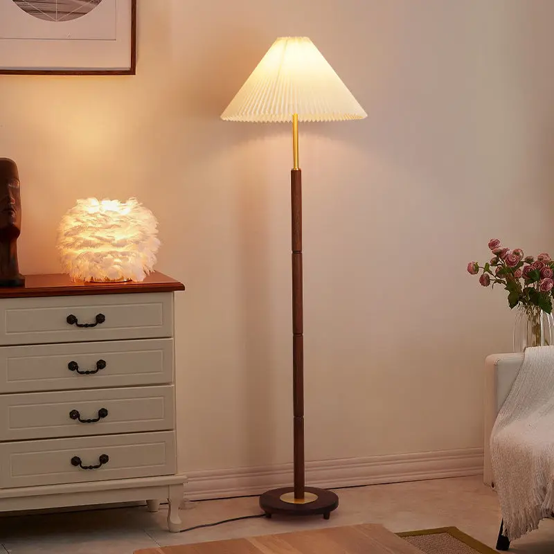 Contemporary Nordic Column Copper Wood Fabric 1-Light Standing Floor Lamp For Living Room