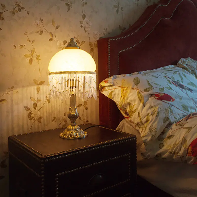 Traditional Vintage Half Round Cylinder Tassel Copper Glass 1-Light Table Lamp For Bedroom