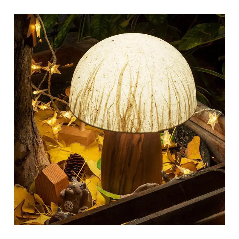 Traditional Vintage Mushroom Paper Solid Wood 1-Light Table Lamp For Bedroom