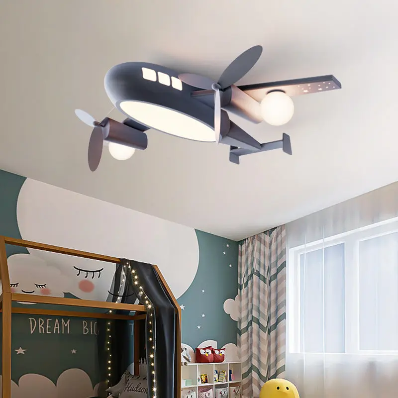 Contemporary Creative Kids Cartoon Airplane Iron Aluminum Acrylic LED Flush Mount Ceiling Light For Bedroom