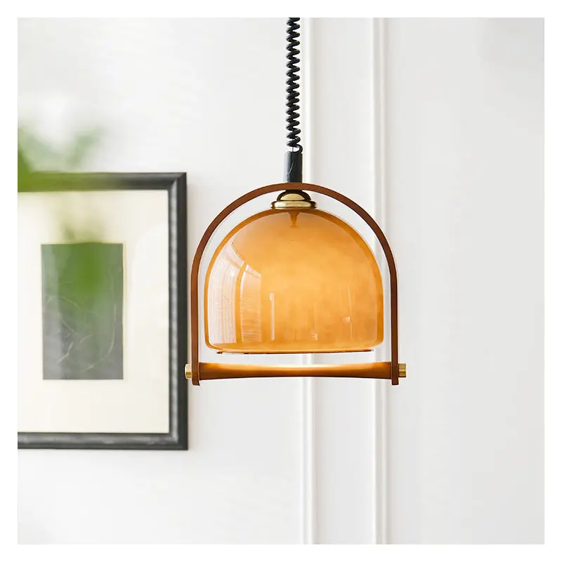 Traditional Vintage Dome Solid Wood Glass 1-Light Pendant Light For Bedroom