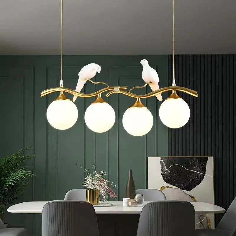 Contemporary Creative Bird Sphere Iron Glass Resin 4-Light Chandelier Island Light For Living Room