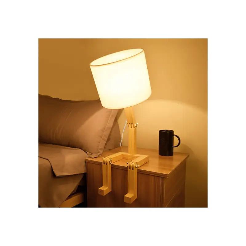 Contemporary Creative Humanoid Robot Fabric Solid Wood 1-Light Table Lamp For Bedroom