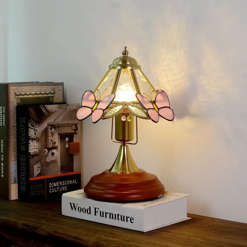 Traditional Vintage Butterfly Cone Glass Metal Solid Wood 1-Light Table Lamp For Bedroom
